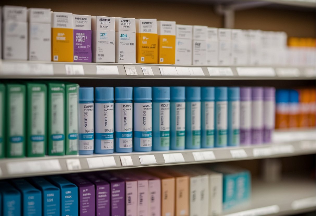 Various types of pregnancy tests displayed on a shelf in a pharmacy