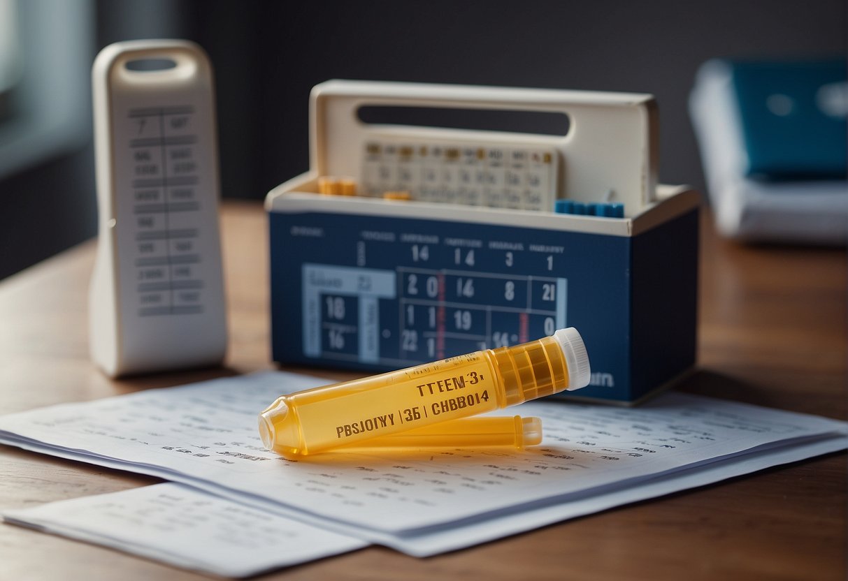 A pregnancy test box and a calendar with marked dates