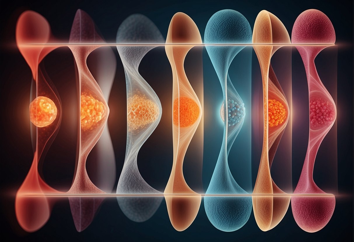 A menstrual cycle depicted through four phases: menstruation, follicular, ovulation, and luteal. Each phase is represented by distinct changes in the uterine lining and hormone levels