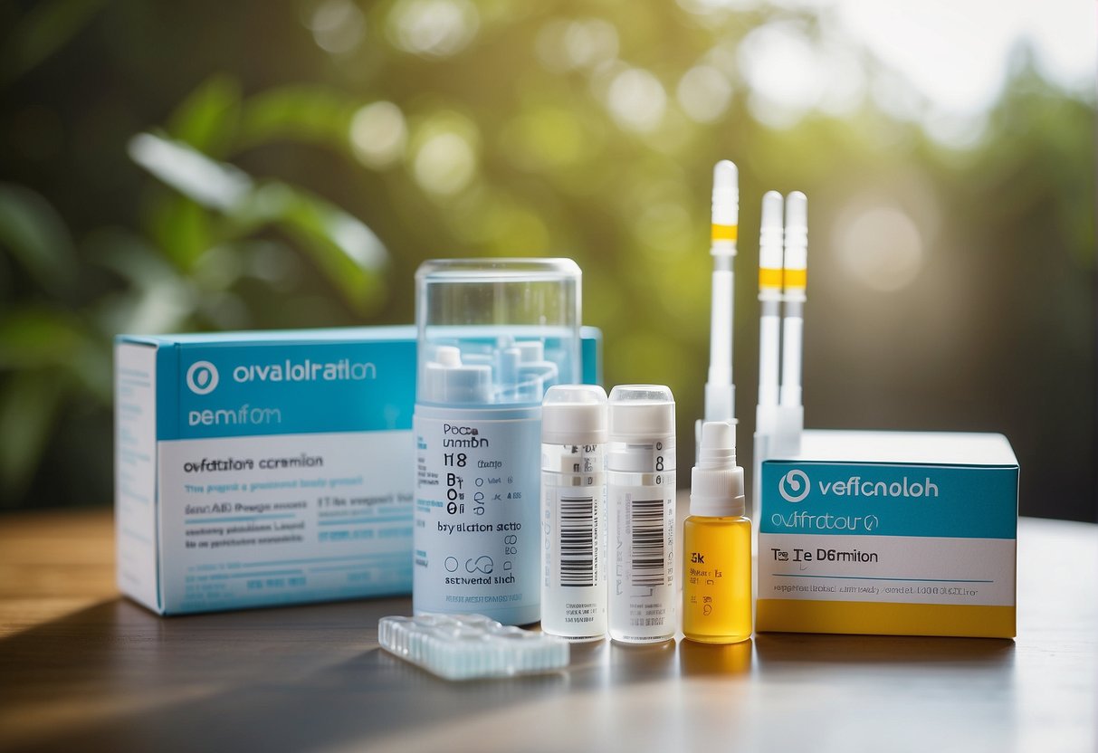 A positive ovulation test surrounded by pregnancy and ovulation test kits