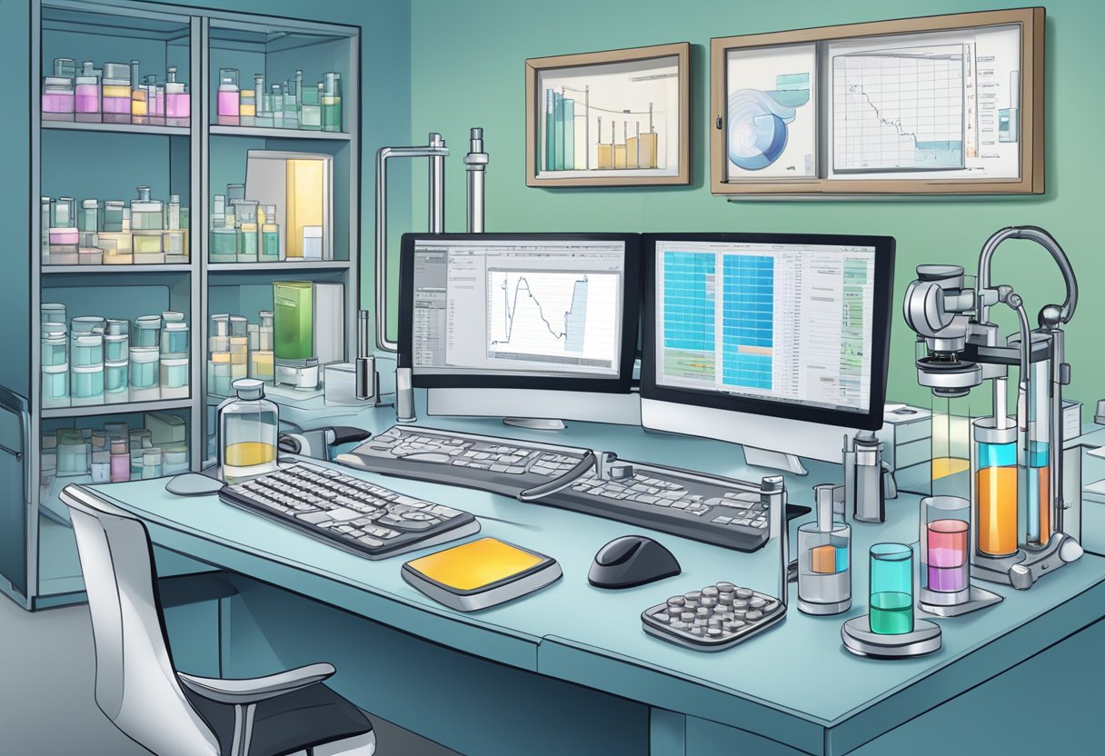 A laboratory setting with test tubes, a microscope, and a computer displaying HCG calculations