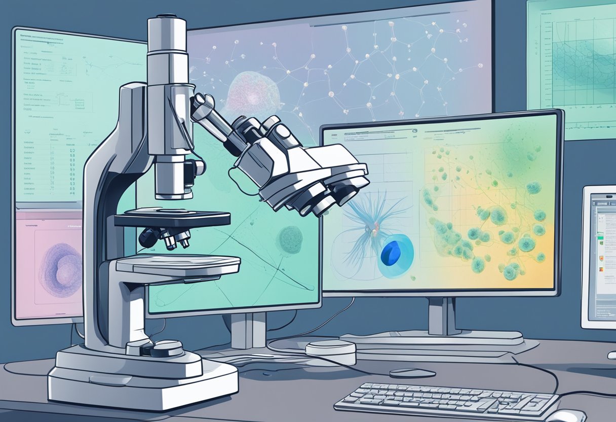 A microscope focused on a slide with sperm cells, a computer screen displaying analysis results, and a scientist recording data