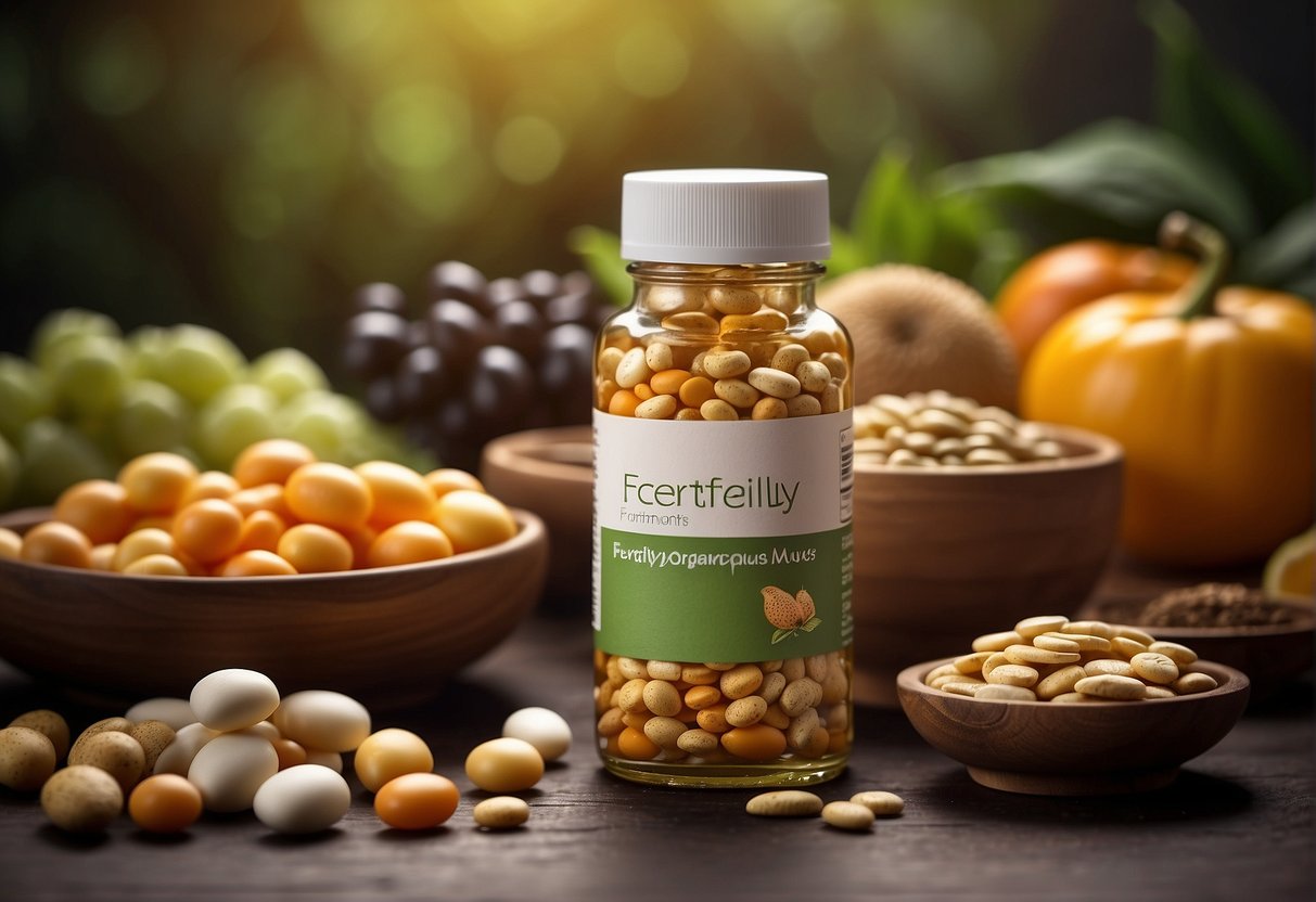 A bottle of fertility supplements for men surrounded by various healthy foods and vitamins
